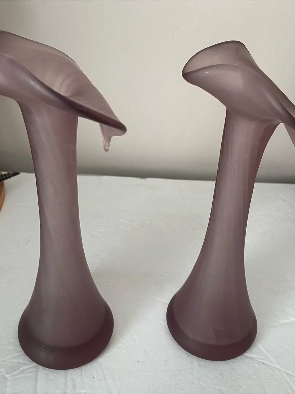 Purple Frosted Glass Jack In The Pulpit Vases Pair Ribbed Candlesticks